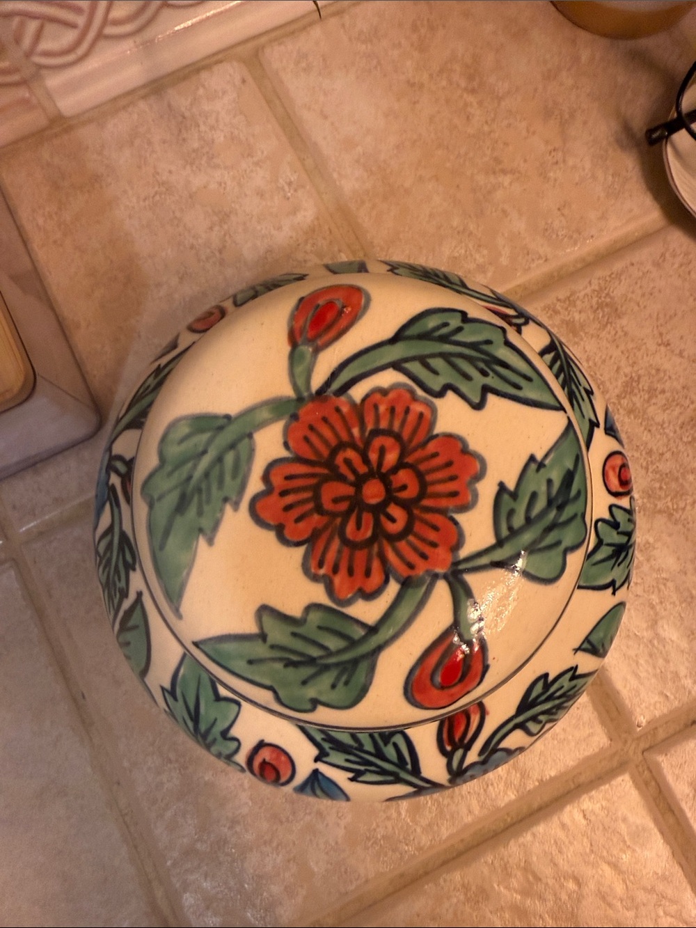 Floral Patterned Ginger Jar 6” tall blue red green - Picture 2 of 5
